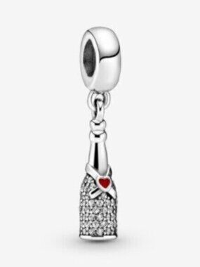 Pandora Silver Champagne Bottle Dangle Charm with Red Heart Accent